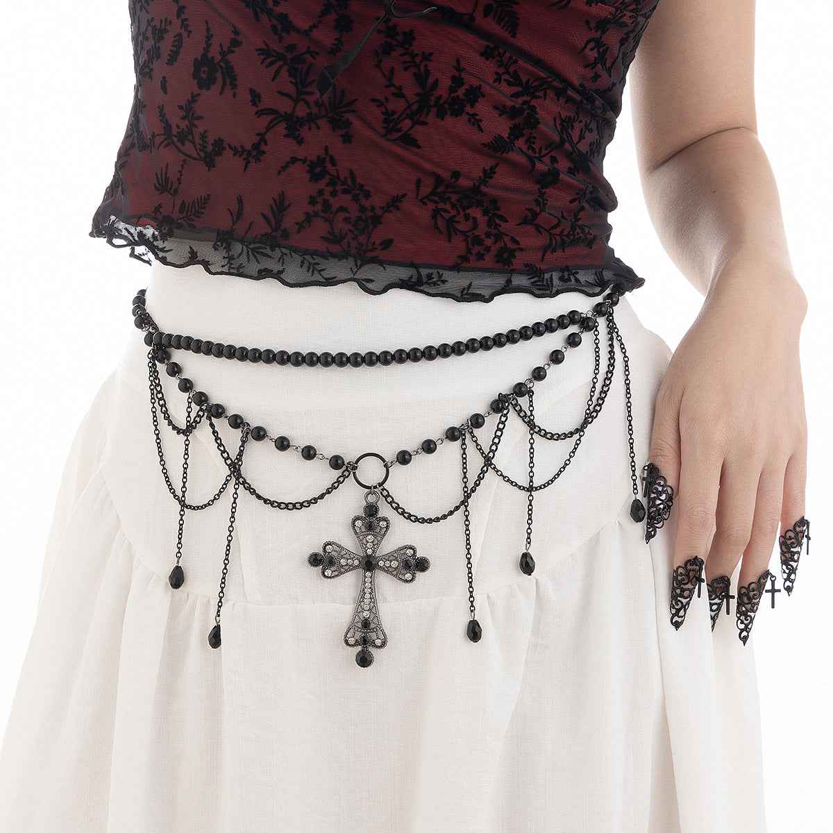 Dark Wind Cross Iron Chain Waist Chain Multi layer Versatile Tassel Crystal Body Chain Female - Pedlar's Attic