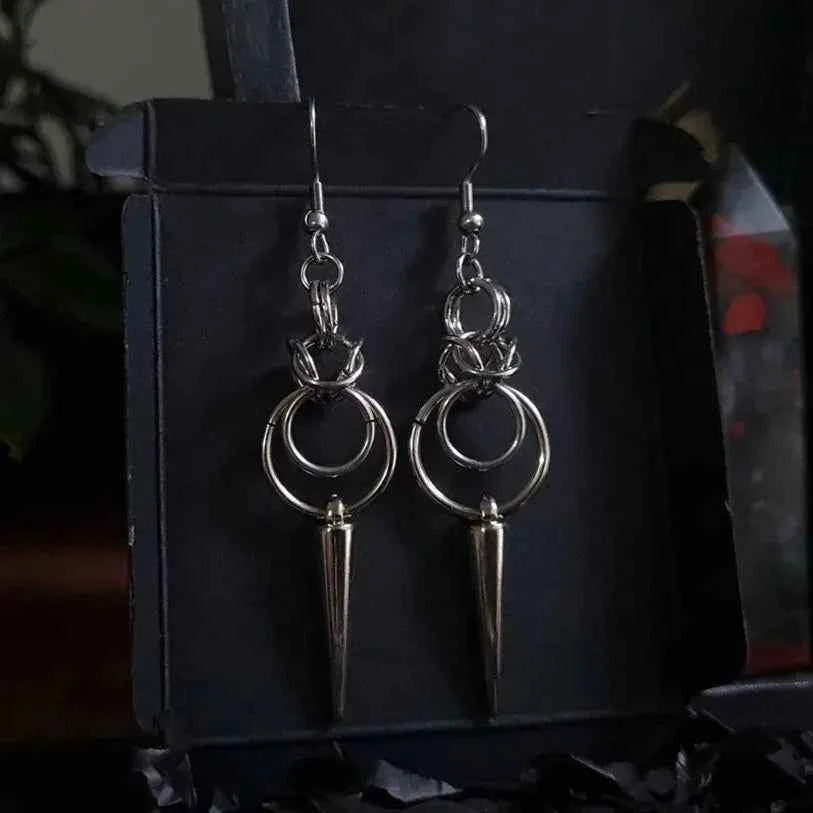 Gothic Elegance Stainless Steel Double Loop Spike Chainmail Earrings - Pedlar's Attic