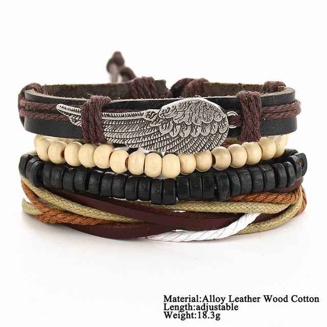 2 pcs Tibet Stone Feather Multilayer Leather Bracelet Eye Fish Charms Beads Bracelets for Men Vintage Punk Wrap Wristband - Pedlar's Attic