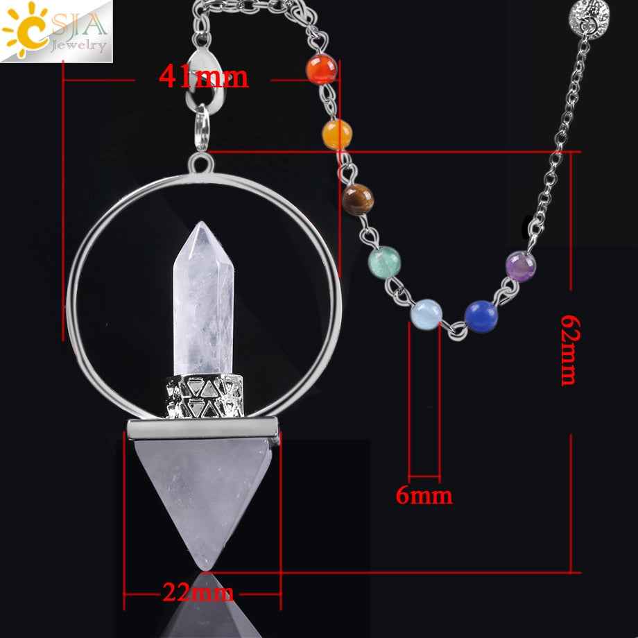 CSJA Reiki Healing 7 Chakra Natural Stone Pendulum for Dowsing Hexagonal Prism Pyramid White Pink Crystal Obsidian Pendants - Pedlar's Attic