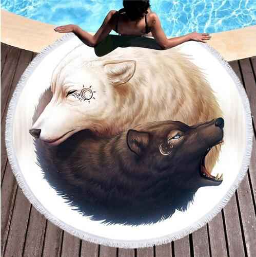 JoJoesArt Yin and Yang Wolves Round Beach Towel – Soft Microfiber with Tassel Design for Stylish Beach Days - Pedlar's Attic