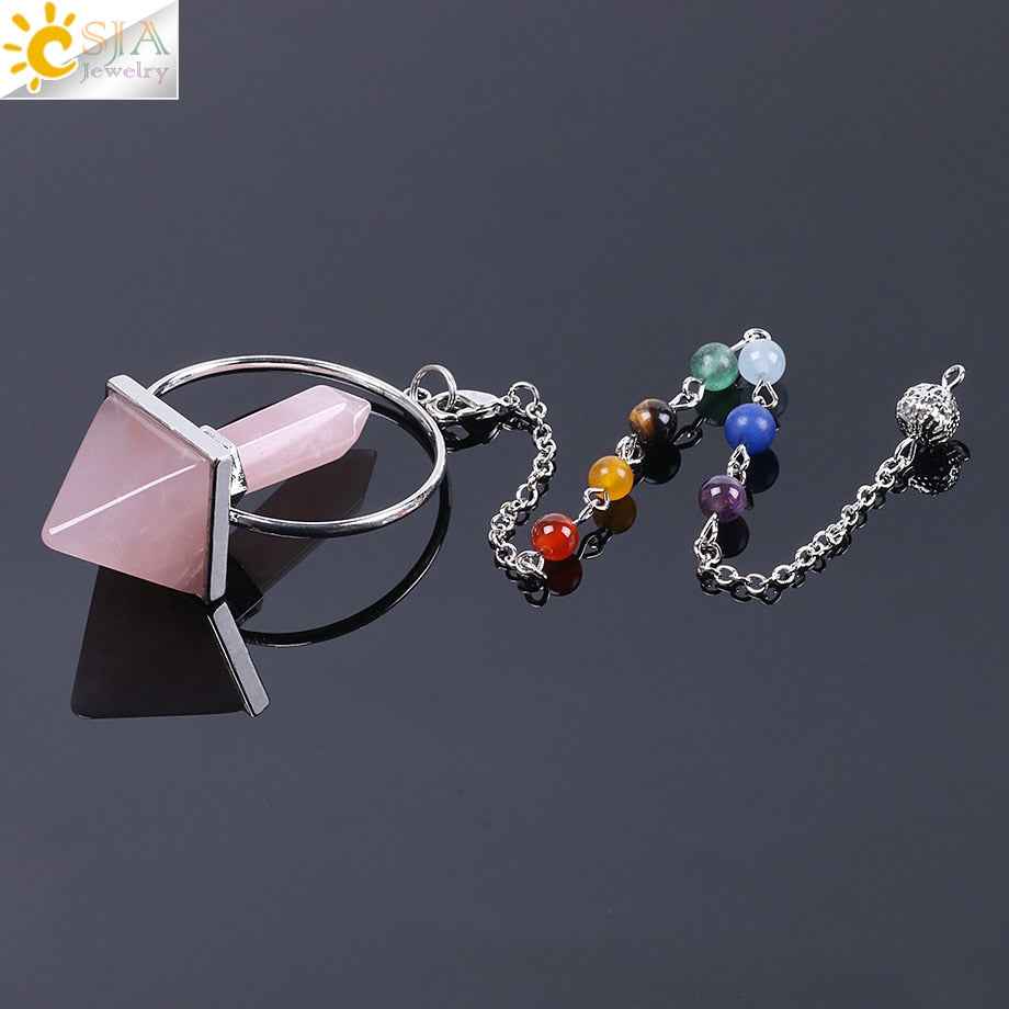 CSJA Reiki Healing 7 Chakra Natural Stone Pendulum for Dowsing Hexagonal Prism Pyramid White Pink Crystal Obsidian Pendants - Pedlar's Attic