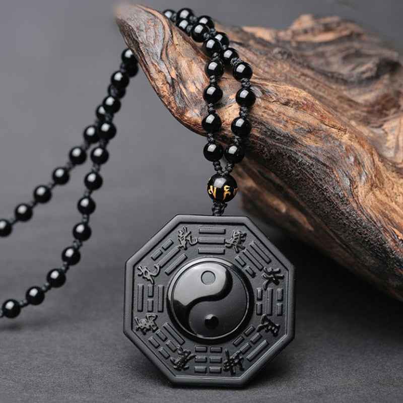 Black Obsidian Yin Yang Necklace - Chinese BAGUA Pendant for Men & Women - Balance & Harmony in Style - Pedlar's Attic