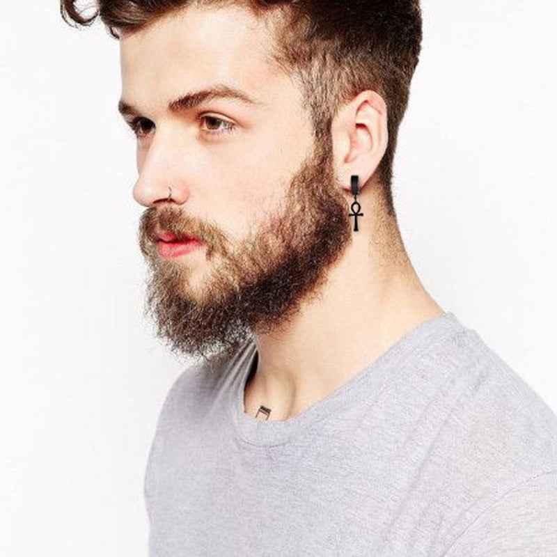 Eternal Cross Egypt Cleopatra Ankh Earrings for Men Jewelry Antiqued Black Stainless Steel Egyptian Queen Ankara Earing - Pedlar's Attic