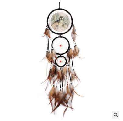 Indian Style Dream Catcher Wolf Head Oil Painting Dream Catcher Home Wall Decoration Wall Hanging Natural Feather Pendant - Pedlar's Attic