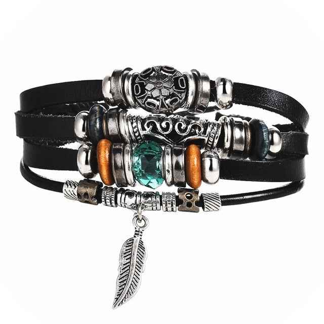 2 pcs Tibet Stone Feather Multilayer Leather Bracelet Eye Fish Charms Beads Bracelets for Men Vintage Punk Wrap Wristband - Pedlar's Attic