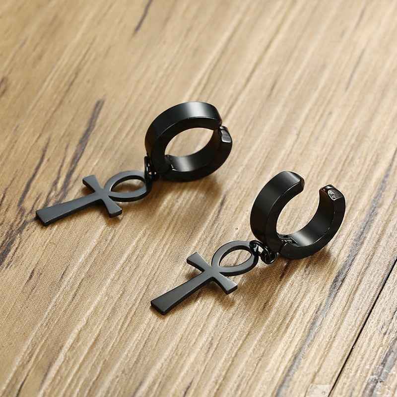Eternal Cross Egypt Cleopatra Ankh Earrings for Men Jewelry Antiqued Black Stainless Steel Egyptian Queen Ankara Earing - Pedlar's Attic