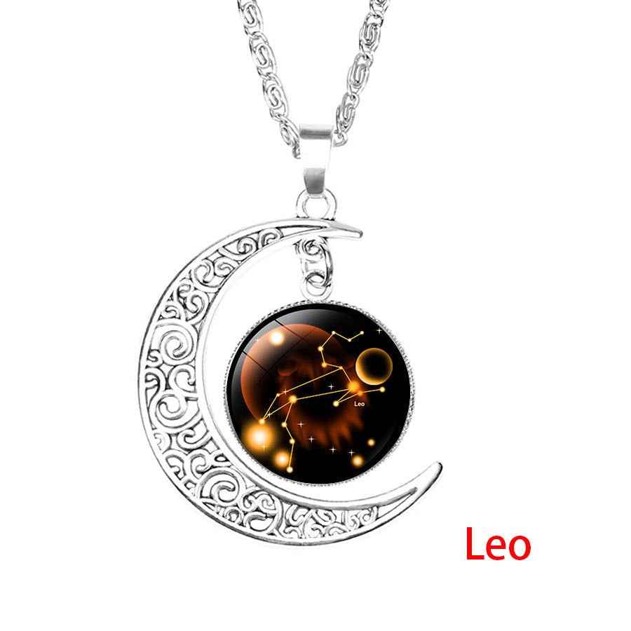 12 Zodiac Sign Pendant Necklace Glass Cabochon Double Galaxy Constellation Horoscope Astrology Necklace For Women Men Jewelry - Pedlar's Attic