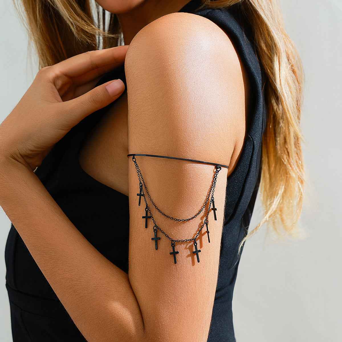 Sweet and Cool Gothic Cross Crystal Chain Multi layer Open Arm Bracelet Hand Ornament Leg Chain - Pedlar's Attic