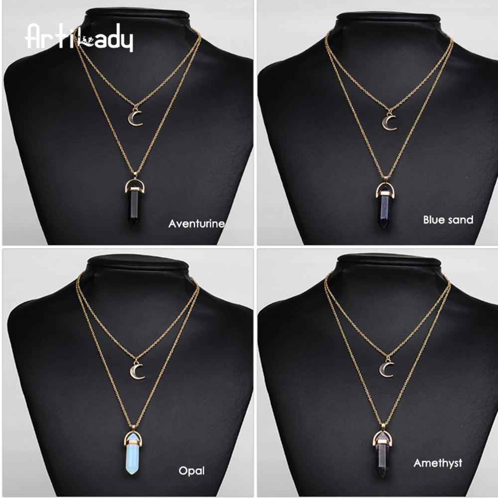 Artilady natural opal stone moon choker necklace stone crystal pendant - Pedlar's Attic