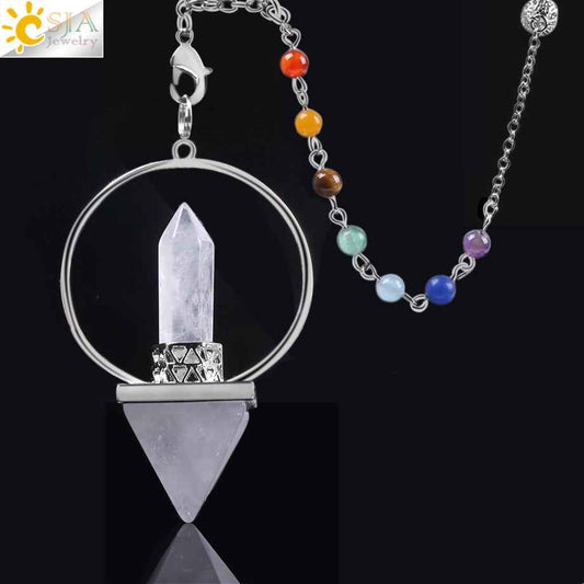 CSJA Reiki Healing 7 Chakra Natural Stone Pendulum for Dowsing Hexagonal Prism Pyramid White Pink Crystal Obsidian Pendants - Pedlar's Attic