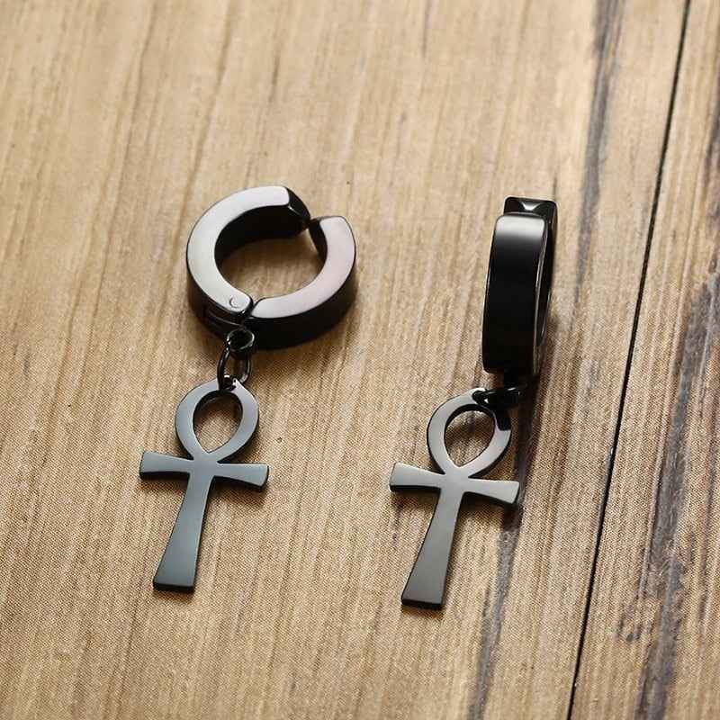 Eternal Cross Egypt Cleopatra Ankh Earrings for Men Jewelry Antiqued Black Stainless Steel Egyptian Queen Ankara Earing - Pedlar's Attic