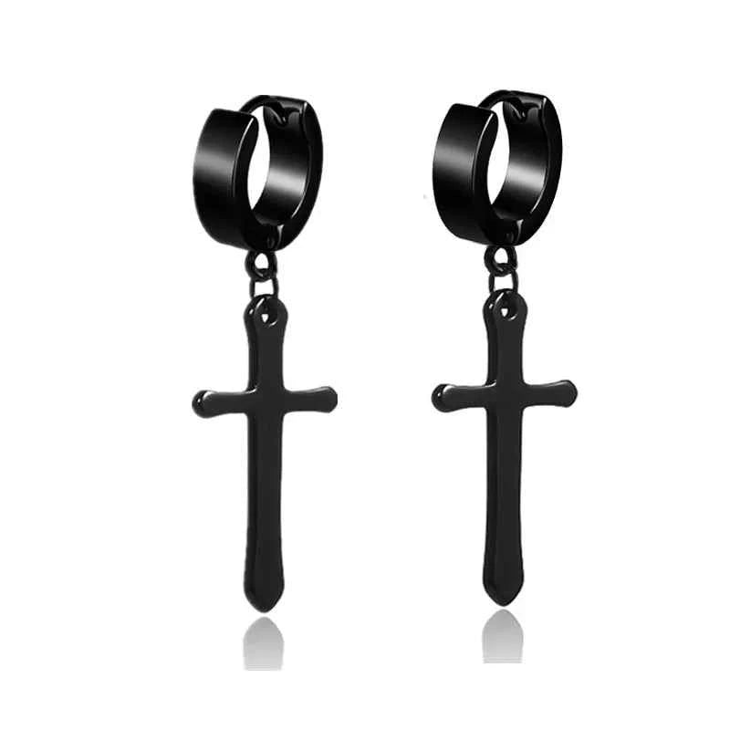 2023 New Black Punk Stainless Steel Women Men Hoop Earrings Small Trendy Round Cross Pendants Jewelry Accessories Gifts Earrings