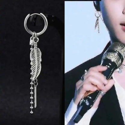 1 PC Boy Korean Punk Stainless Steel Cross Hoop Earring For Men Long Chain Tassel Leaf Moon Rock Hip Hop Piercing Stud Jewelry - Pedlar's Attic