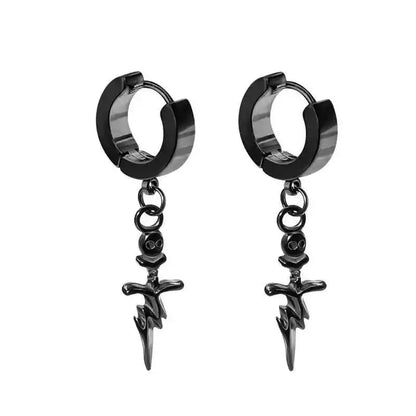 Rebel Steel Hoop Earrings - Black Punk Style with Round Cross Pendants - Bold Unisex Statement Jewelry - Pedlar's Attic