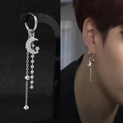 1 PC Boy Korean Punk Stainless Steel Cross Hoop Earring For Men Long Chain Tassel Leaf Moon Rock Hip Hop Piercing Stud Jewelry - Pedlar's Attic