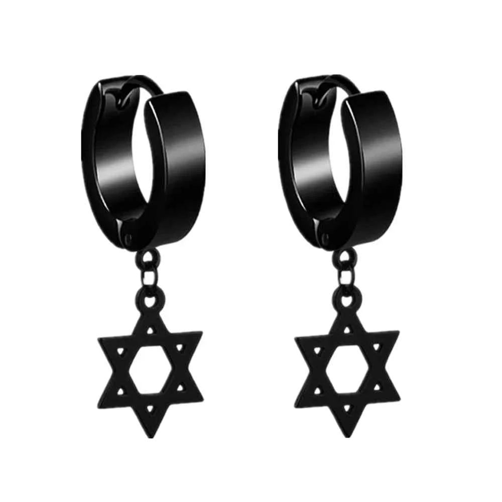 2023 New Black Punk Stainless Steel Women Men Hoop Earrings Small Trendy Round Cross Pendants Jewelry Accessories Gifts Earrings