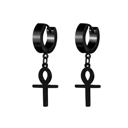 Rebel Steel Hoop Earrings - Black Punk Style with Round Cross Pendants - Bold Unisex Statement Jewelry - Pedlar's Attic