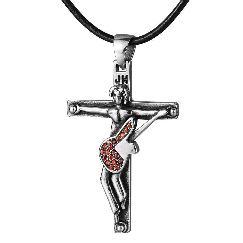 Johnny Hallyday Guitar Cross Pendant Necklace - Stainless Steel Floating Locket for Men, Inspirational Christian Jewelry Gift - Pedlar's Attic