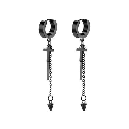 Rebel Steel Hoop Earrings - Black Punk Style with Round Cross Pendants - Bold Unisex Statement Jewelry - Pedlar's Attic