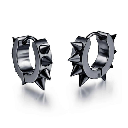 Rebel Steel Hoop Earrings - Black Punk Style with Round Cross Pendants - Bold Unisex Statement Jewelry - Pedlar's Attic