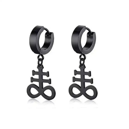 Rebel Steel Hoop Earrings - Black Punk Style with Round Cross Pendants - Bold Unisex Statement Jewelry - Pedlar's Attic