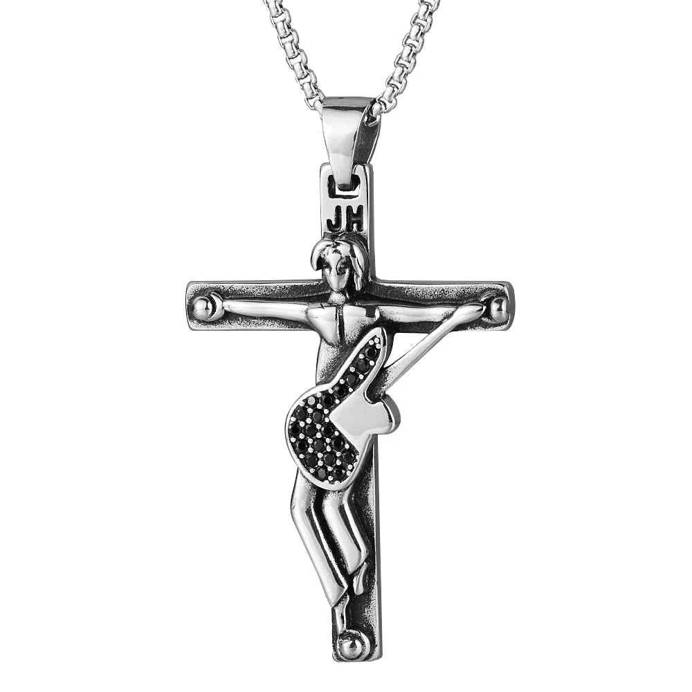 Johnny Hallyday Guitar Cross Pendant Necklace - Stainless Steel Floating Locket for Men, Inspirational Christian Jewelry Gift - Pedlar's Attic