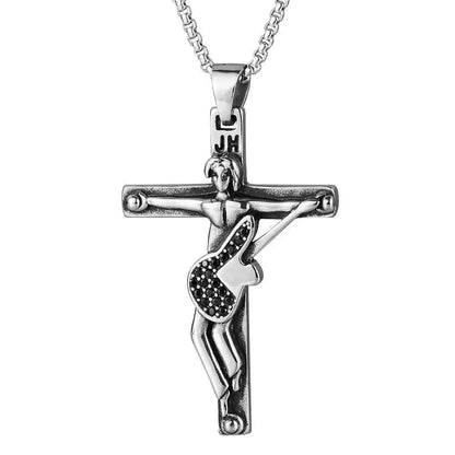 Johnny Hallyday Guitar Cross Pendant Necklace - Stainless Steel Floating Locket for Men, Inspirational Christian Jewelry Gift - Pedlar's Attic