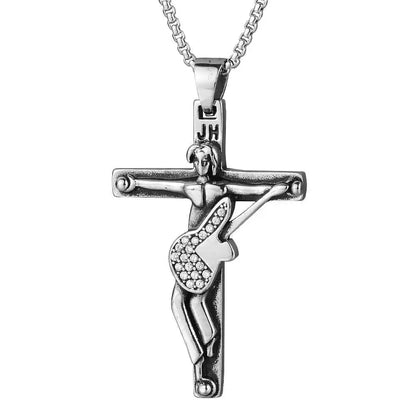 Johnny Hallyday Guitar Cross Pendant Necklace - Stainless Steel Floating Locket for Men, Inspirational Christian Jewelry Gift - Pedlar's Attic