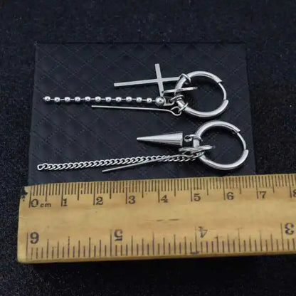 1 PC Boy Korean Punk Stainless Steel Cross Hoop Earring For Men Long Chain Tassel Leaf Moon Rock Hip Hop Piercing Stud Jewelry - Pedlar's Attic