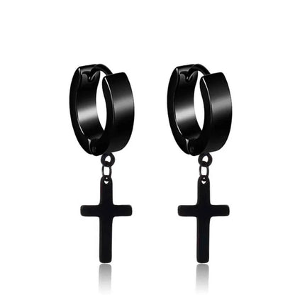 Rebel Steel Hoop Earrings - Black Punk Style with Round Cross Pendants - Bold Unisex Statement Jewelry - Pedlar's Attic
