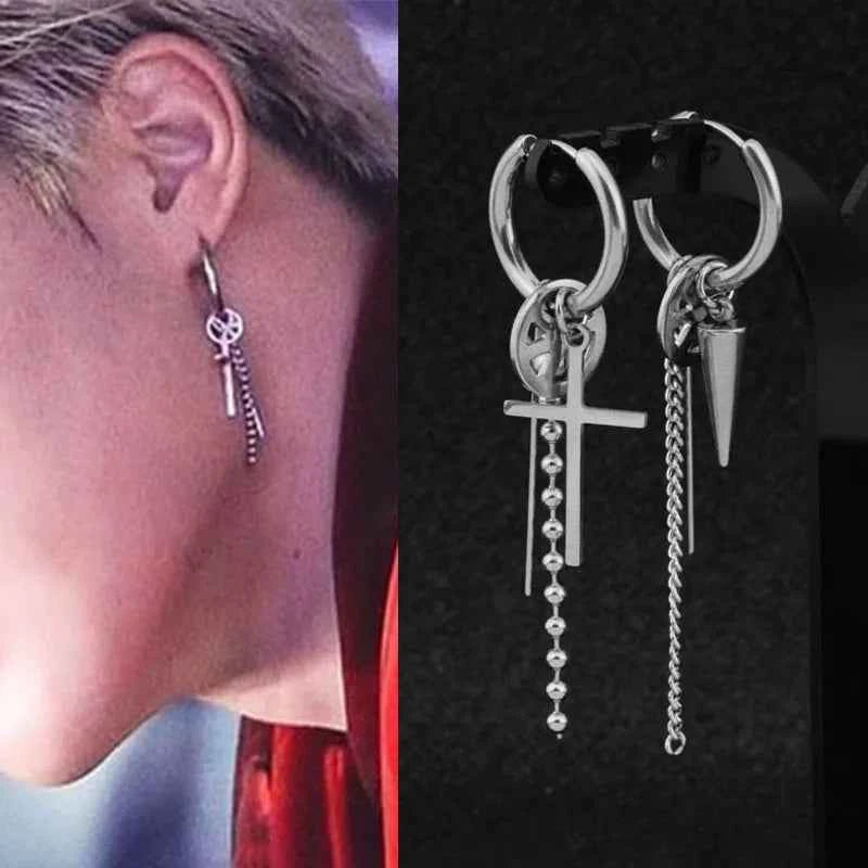1 PC Boy Korean Punk Stainless Steel Cross Hoop Earring For Men Long Chain Tassel Leaf Moon Rock Hip Hop Piercing Stud Jewelry - Pedlar's Attic