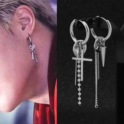 1 PC Boy Korean Punk Stainless Steel Cross Hoop Earring For Men Long Chain Tassel Leaf Moon Rock Hip Hop Piercing Stud Jewelry - Pedlar's Attic