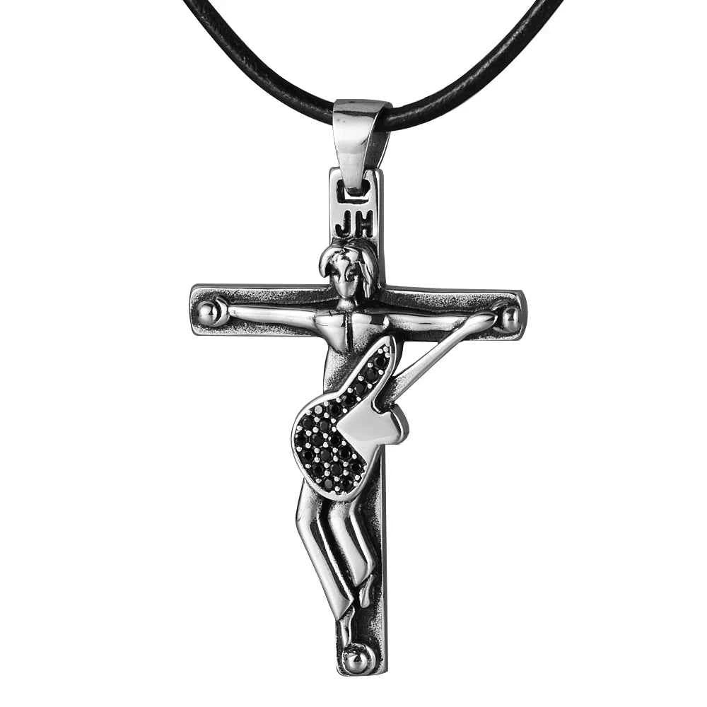 Johnny Hallyday Guitar Cross Pendant Necklace - Stainless Steel Floating Locket for Men, Inspirational Christian Jewelry Gift - Pedlar's Attic