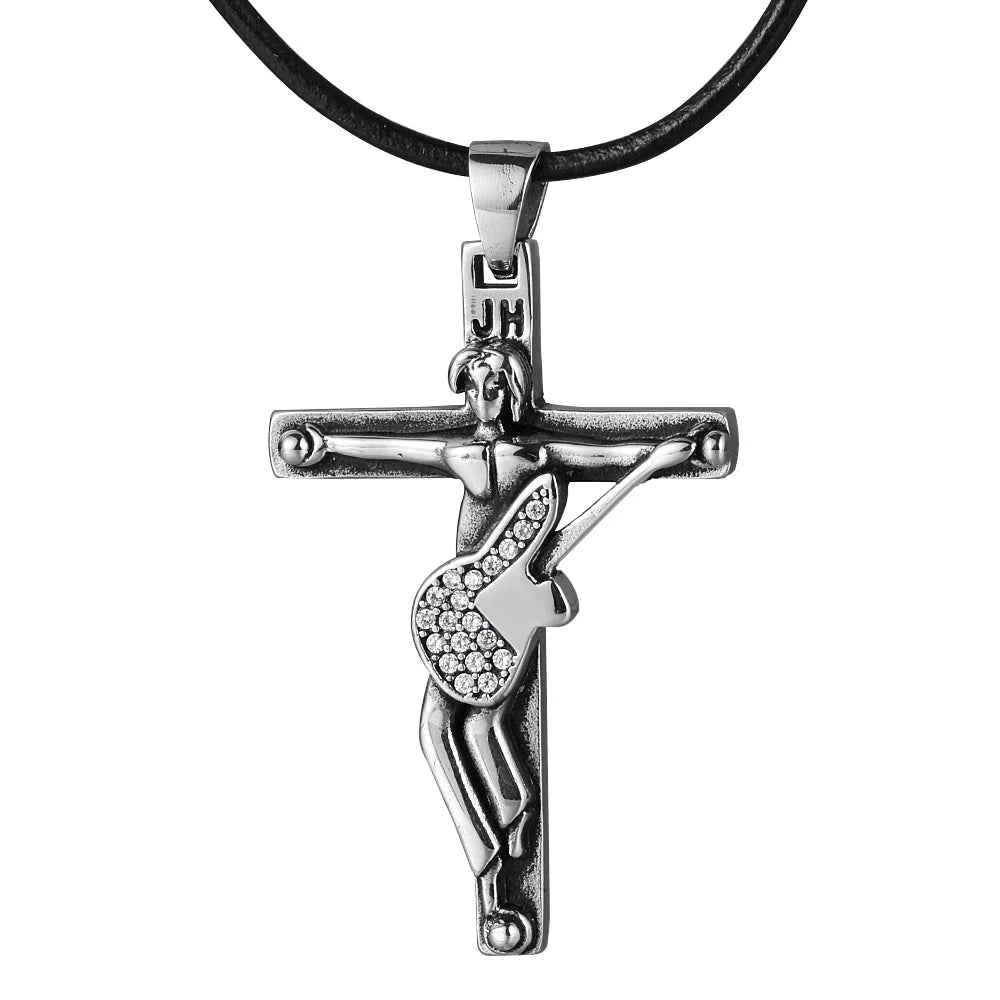 Johnny Hallyday Guitar Cross Pendant Necklace - Stainless Steel Floating Locket for Men, Inspirational Christian Jewelry Gift - Pedlar's Attic