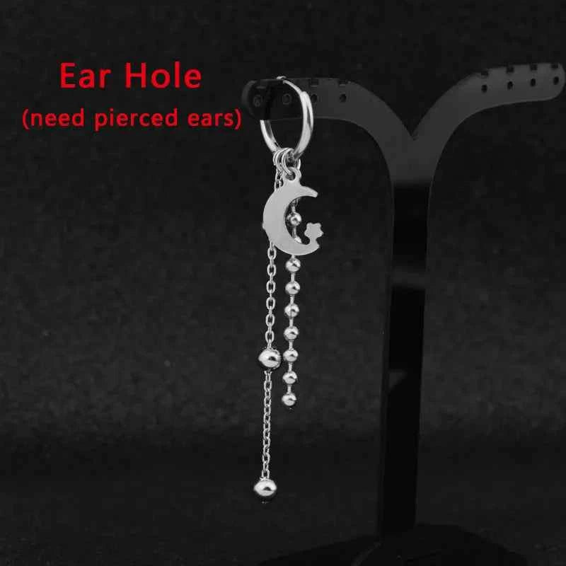 1 PC Boy Korean Punk Stainless Steel Cross Hoop Earring For Men Long Chain Tassel Leaf Moon Rock Hip Hop Piercing Stud Jewelry - Pedlar's Attic