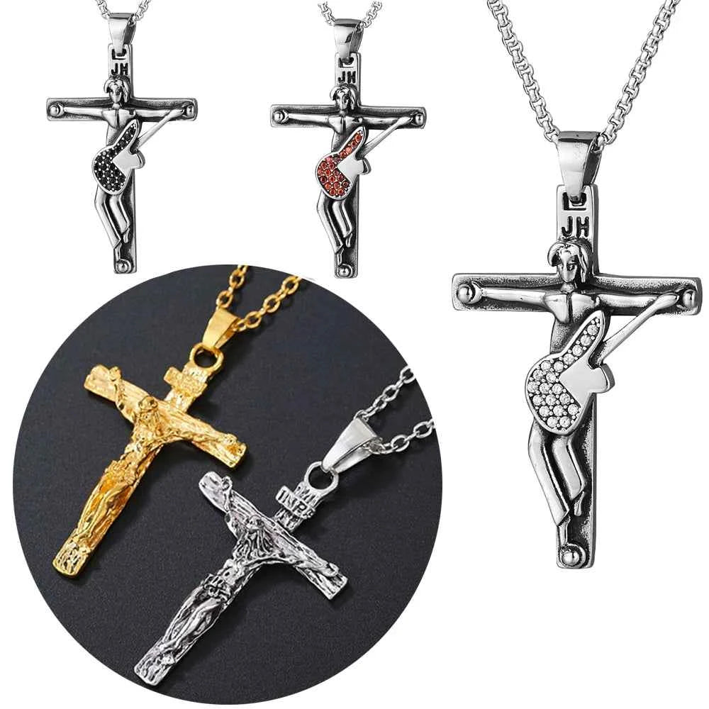 Johnny Hallyday Guitar Cross Pendant Necklace - Stainless Steel Floating Locket for Men, Inspirational Christian Jewelry Gift - Pedlar's Attic