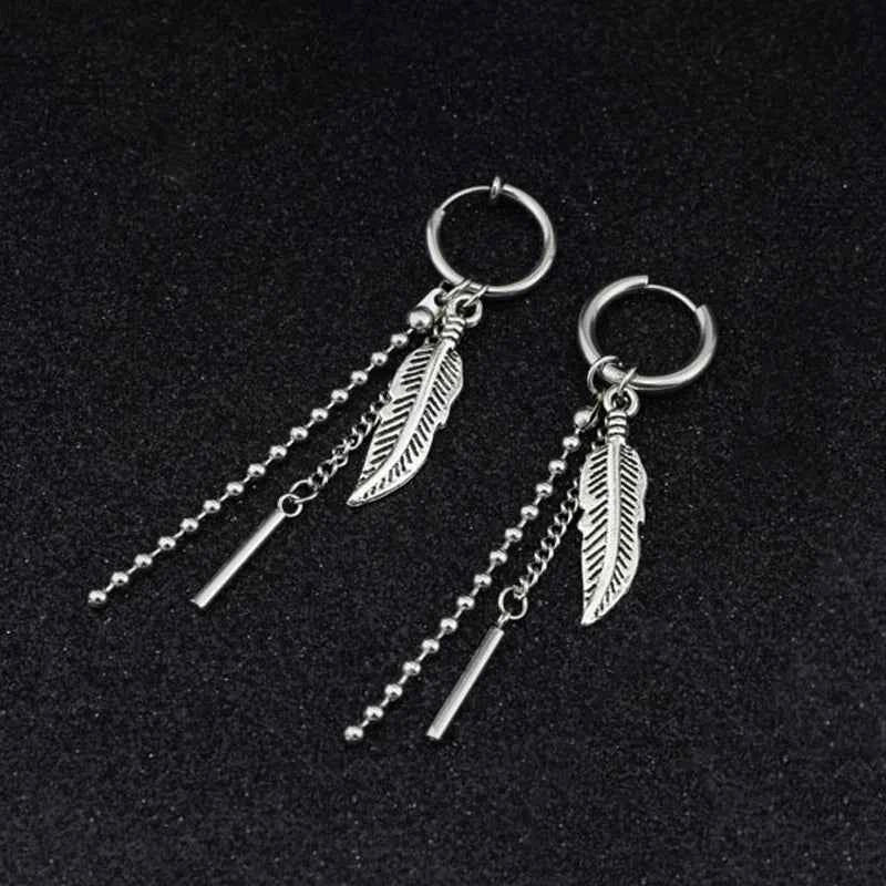 1 PC Boy Korean Punk Stainless Steel Cross Hoop Earring For Men Long Chain Tassel Leaf Moon Rock Hip Hop Piercing Stud Jewelry - Pedlar's Attic