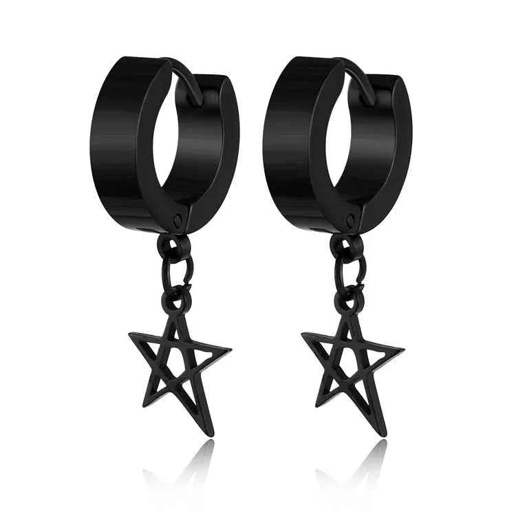 2023 New Black Punk Stainless Steel Women Men Hoop Earrings Small Trendy Round Cross Pendants Jewelry Accessories Gifts Earrings