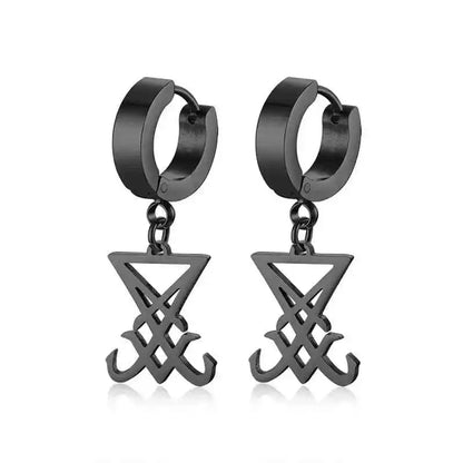 Rebel Steel Hoop Earrings - Black Punk Style with Round Cross Pendants - Bold Unisex Statement Jewelry - Pedlar's Attic