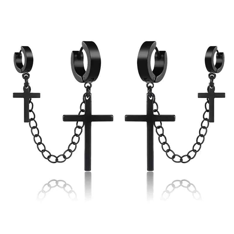 2023 New Black Punk Stainless Steel Women Men Hoop Earrings Small Trendy Round Cross Pendants Jewelry Accessories Gifts Earrings