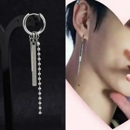 1 PC Boy Korean Punk Stainless Steel Cross Hoop Earring For Men Long Chain Tassel Leaf Moon Rock Hip Hop Piercing Stud Jewelry - Pedlar's Attic
