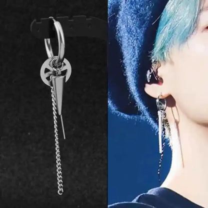 1 PC Boy Korean Punk Stainless Steel Cross Hoop Earring For Men Long Chain Tassel Leaf Moon Rock Hip Hop Piercing Stud Jewelry - Pedlar's Attic