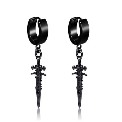 Rebel Steel Hoop Earrings - Black Punk Style with Round Cross Pendants - Bold Unisex Statement Jewelry - Pedlar's Attic