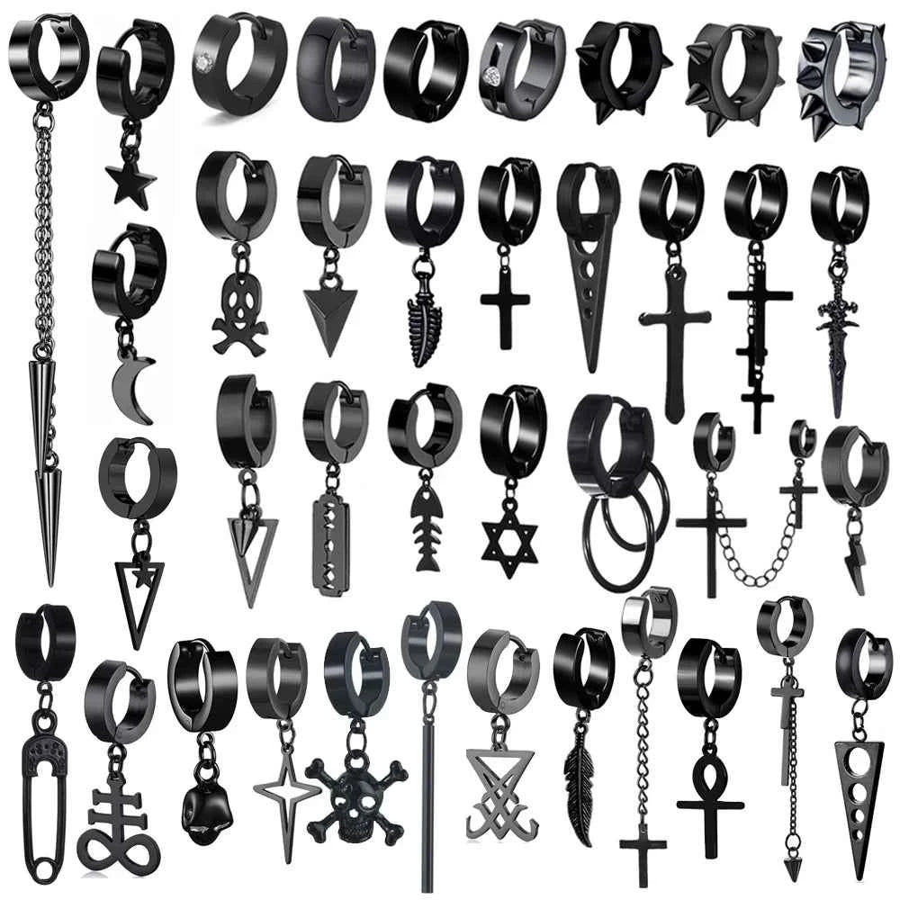 2023 New Black Punk Stainless Steel Women Men Hoop Earrings Small Trendy Round Cross Pendants Jewelry Accessories Gifts Earrings