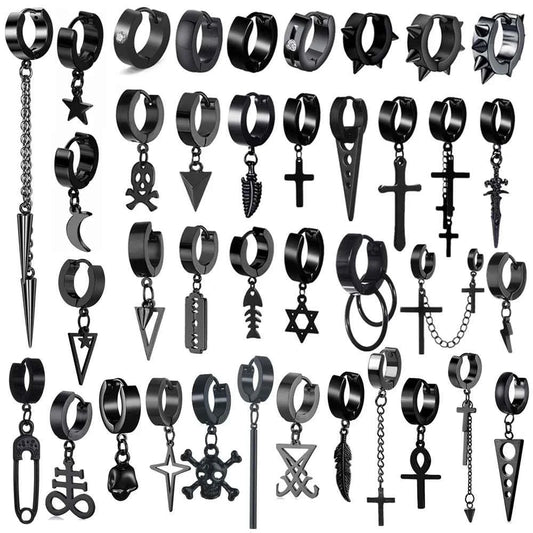 2023 New Black Punk Stainless Steel Women Men Hoop Earrings Small Trendy Round Cross Pendants Jewelry Accessories Gifts Earrings