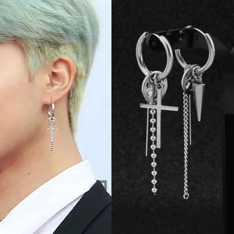 1 PC Boy Korean Punk Stainless Steel Cross Hoop Earring For Men Long Chain Tassel Leaf Moon Rock Hip Hop Piercing Stud Jewelry - Pedlar's Attic