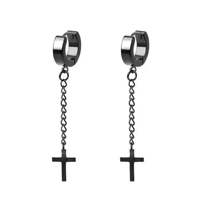 Rebel Steel Hoop Earrings - Black Punk Style with Round Cross Pendants - Bold Unisex Statement Jewelry - Pedlar's Attic