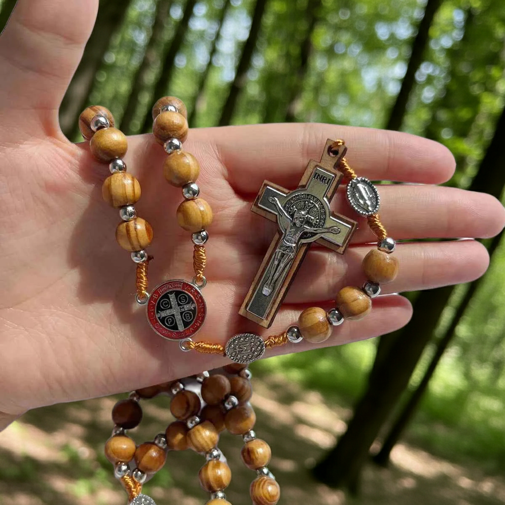 1 Piece/Set Of Wooden Rose Bead Necklace Wooden Saint Benedict Medal and Catholic Cross Religious Prayer Chapel Handmade - Pedlar's Attic