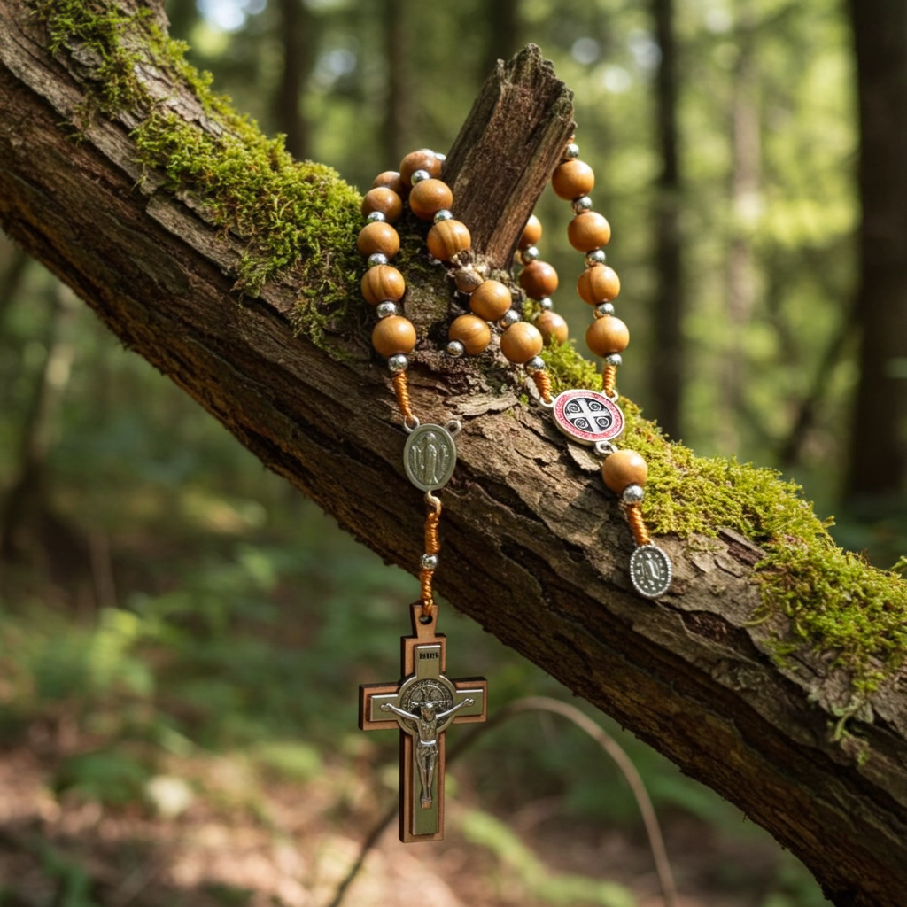 1 Piece/Set Of Wooden Rose Bead Necklace Wooden Saint Benedict Medal and Catholic Cross Religious Prayer Chapel Handmade - Pedlar's Attic